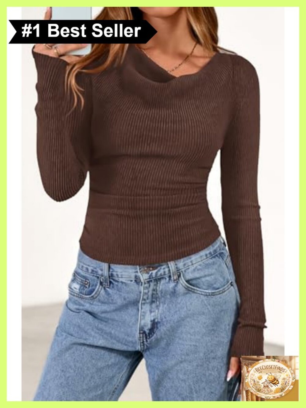 Cowl Neck Ruched Ribbed Knit Long Sleeve Crop Top - Picture 2 of 6